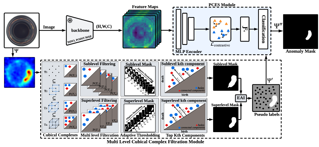 Overview diagram of topology-aware test-time adaptation for anomaly segmentation